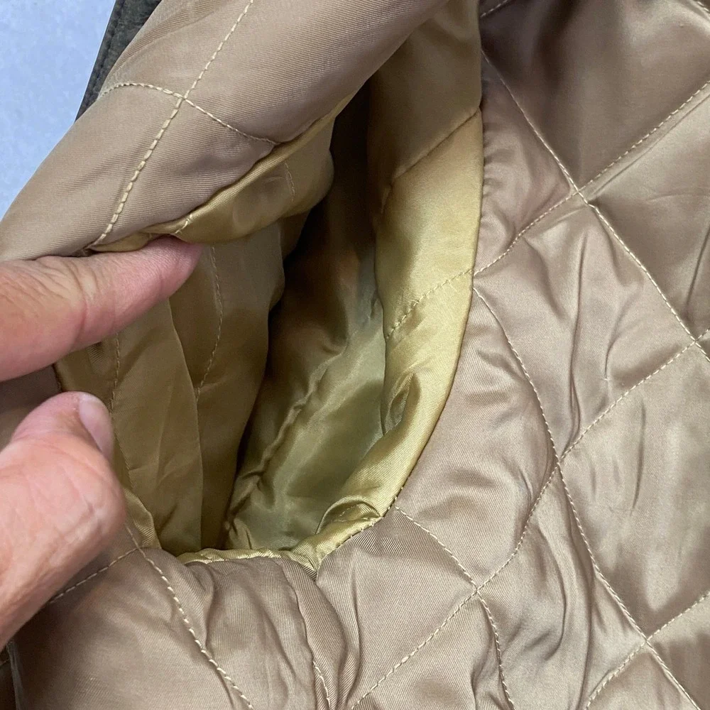 Lucky Brand Leather Trucker Jacket Mens M Olive Green Distressed Quilted Lining